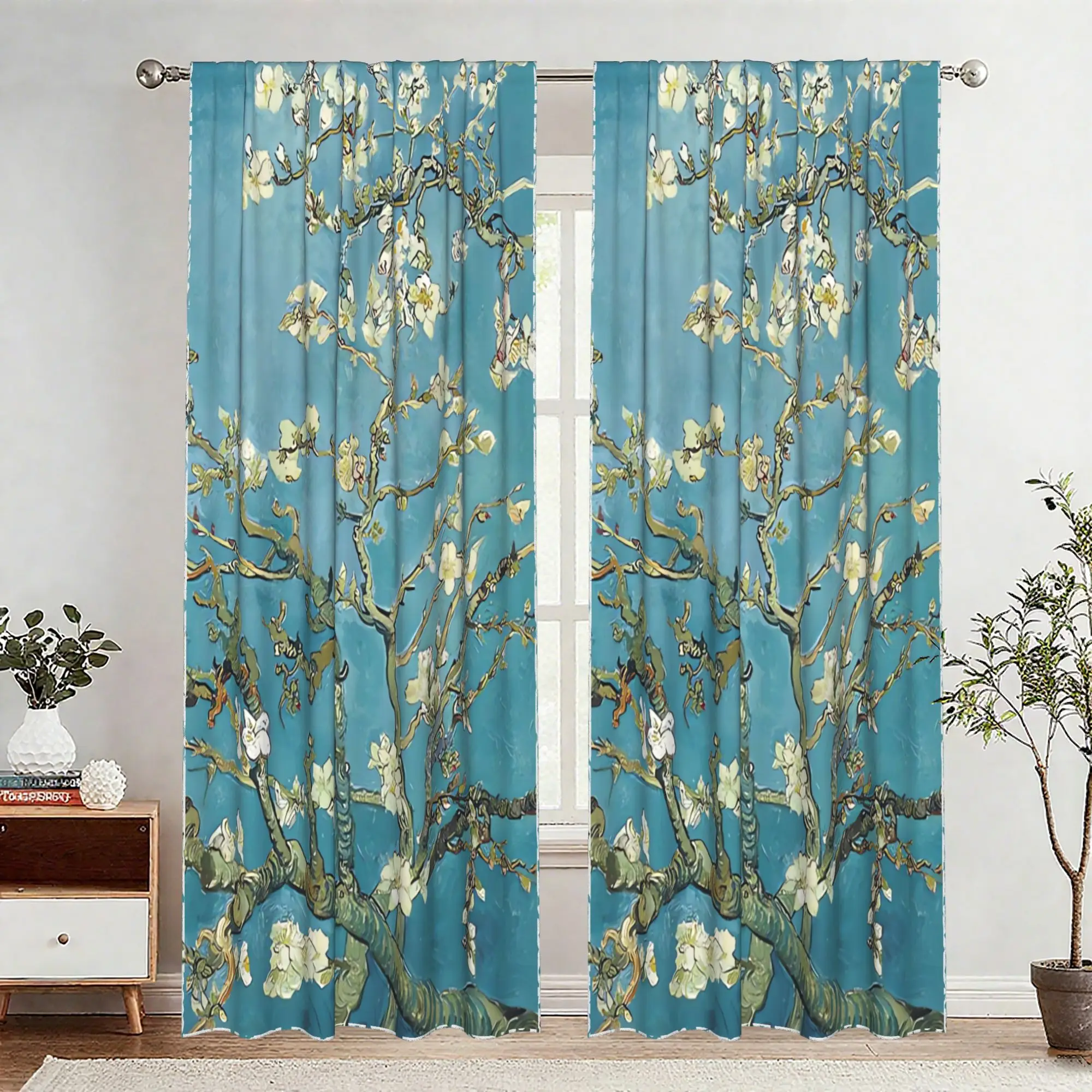 Elegant Teal Background Blossom Tree Curtains Pair for Living Room Bedroom Window Panels Spring Decor Nature Print