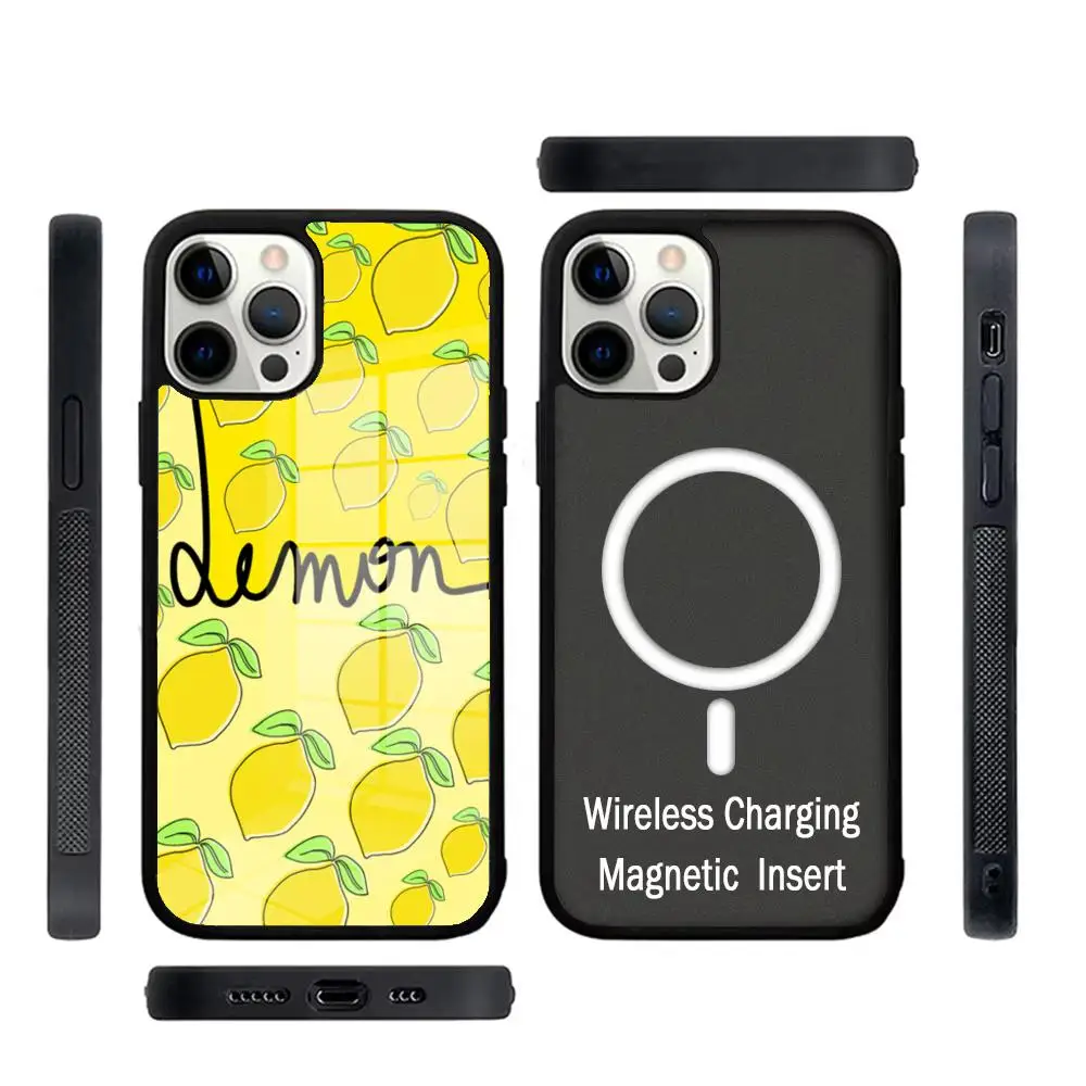 Lemon Pattern Phone Case Glass For IPhone 16 15 Promax 14 13 Pro 12 11 Magnetic charging Covers