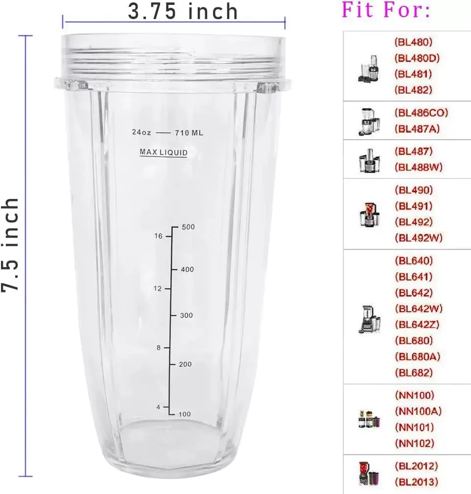 24 Oz/710 ML Blender Cup Replacement for Nutri Ninja BL480 BL490 BL640 BL641 BL642 BL491 Juicer Cup Blender Replacement Parts
