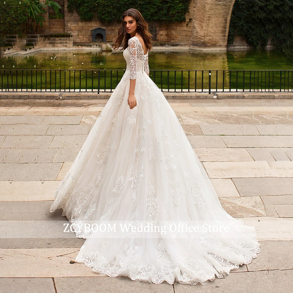 Elegant Half Sleeves A-Line Lace Appliques Wedding Dresses 2026 Princess Court Train Long Bride Gowns For Women Vestido De Novia