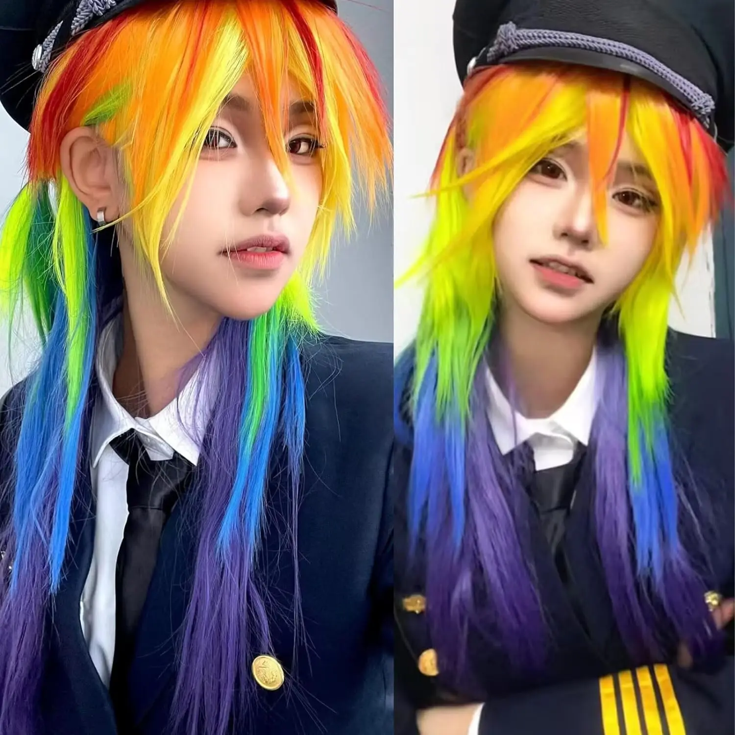 Rainbow Wig for Women Long Straight Wig with Bangs for Halloween Costume Party Anime Colored Cosplay Wig Synthetic Wig