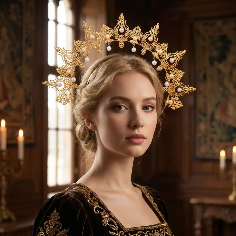 Gothic Gold Plated Halo Crown Vintage Faux Pearl Inlaid Sun Goddess Crown Spike Design Cross Baroque Tiara Headband Theme Party