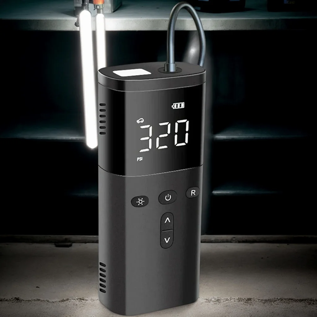 

Wireless Car Tire Inflator - Rechargeable Mini Air Compressor with LED Light & Power Bank for Cars & Bikes