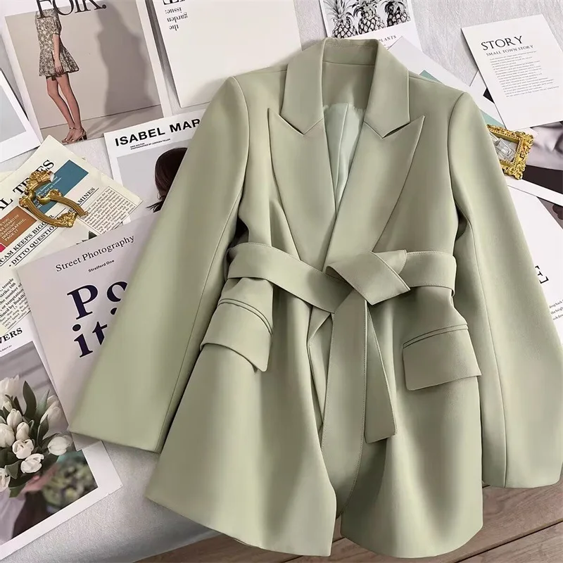 Blazers Women Blazer Coat Lapel Full Sleeve Evening Work Tight Waist Lace Up Casual Formal Jacket Basic Solid Y2k Autumn Winter