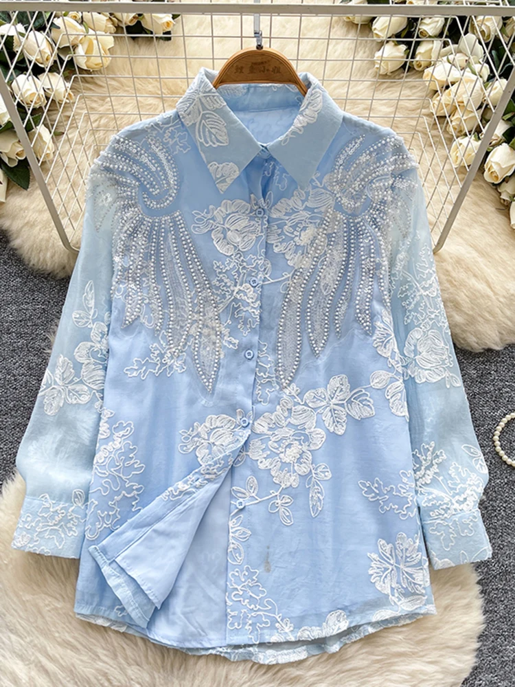 الخريف الشتاء المرأة الفرنسية المطرزة حبة الترتر المطرزة قميص طويل الأكمام جديد فضفاض تنوعا شيك بلوزة W71