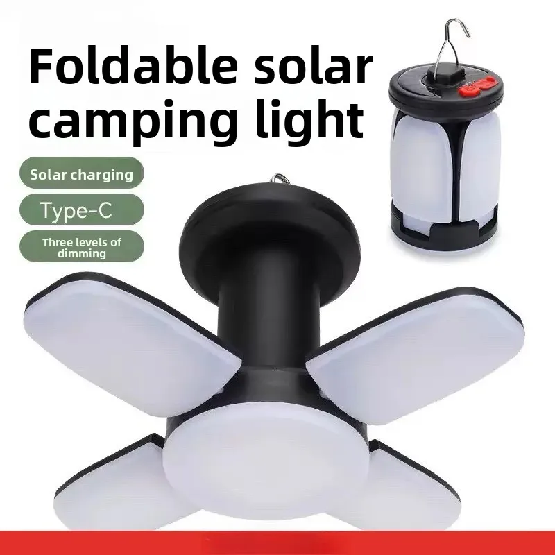 2026 Portable Foldable Solar Camping Light 4 Expand Panels USB Recharge Outdoor Home Emergency Stall Hanging Lamp