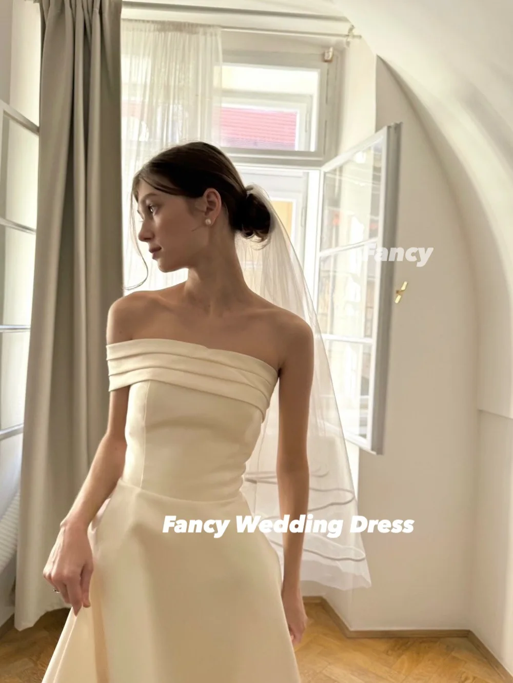 Fancy Elegant Off Shoulder Wedding Dress Korea Photo Shoot Long Sleeve Pleats Bridal Gown Floor Length Customzied