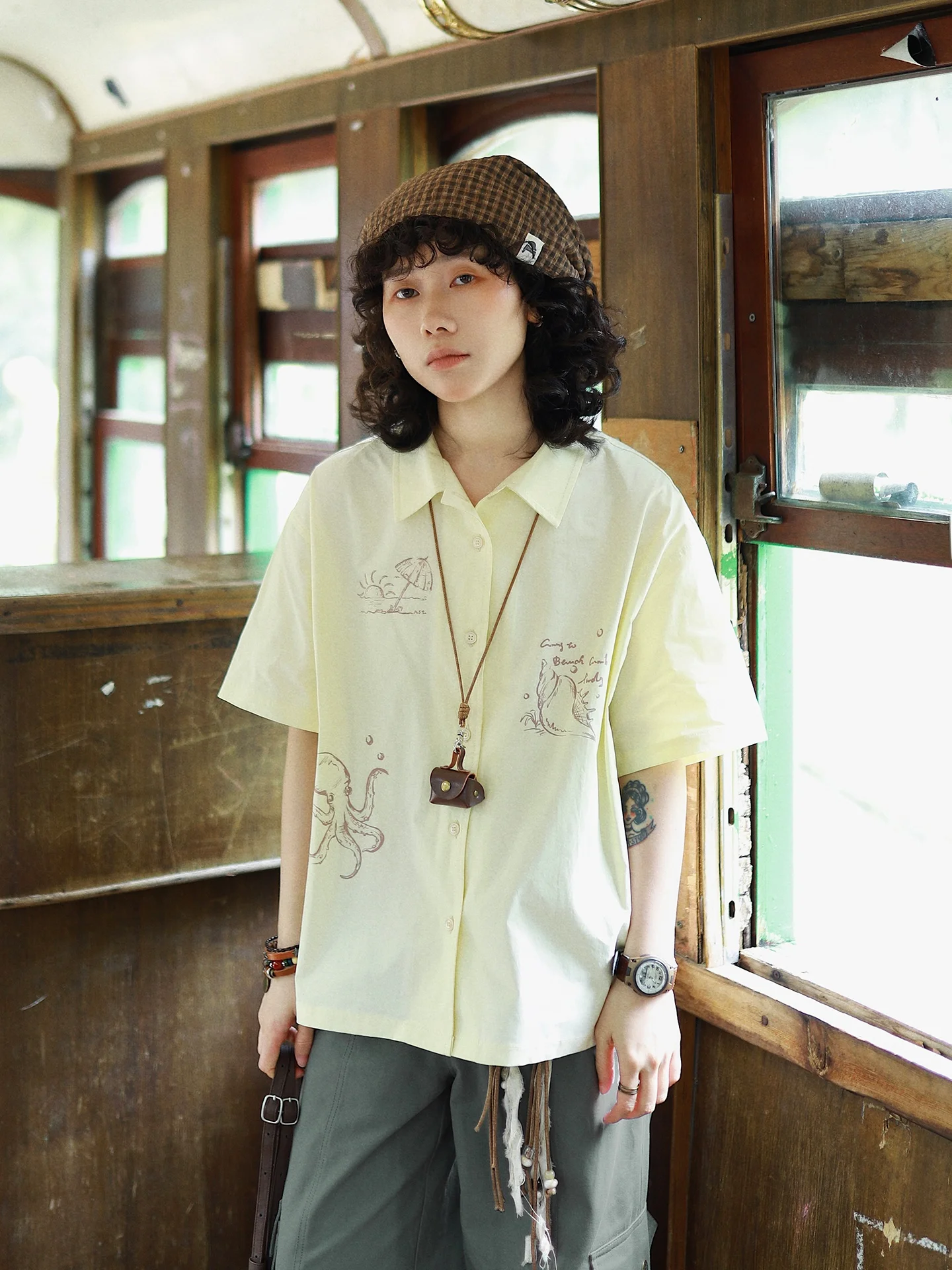 

Ashita Stu Original Japanese Retro Print Loose Casual Short Sleeve Women's Shirt Breathable Cotton Summer Fashion Top