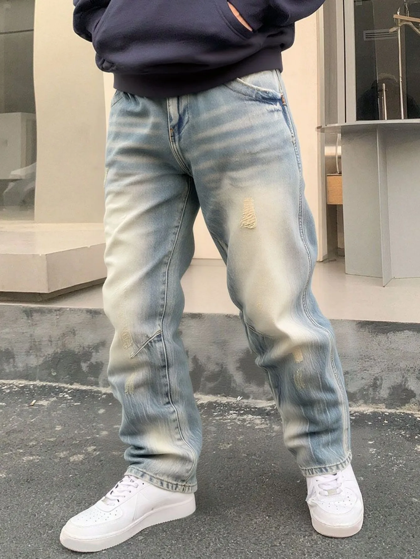 【HME】Men's Jeans | Retro Hip-Hop Style Denim Pants, Faded Tiger Stripes Distressed Ripped Straight Flare Denim Trousers, Fashion Loose Casual Pants, Classic 5-Pocket Denim Bottoms, Perfect For Street Gathering Daily Going-Out Men Matching Clothing