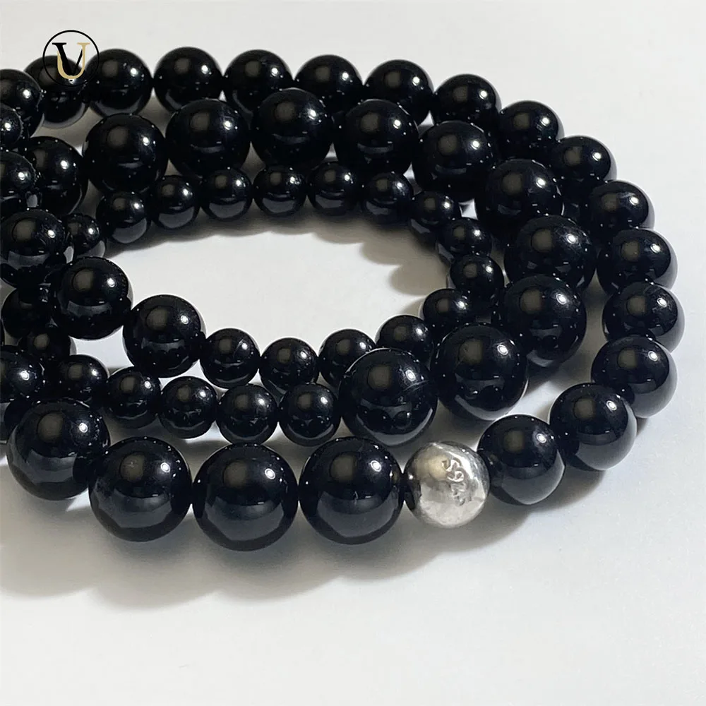 Votum Natural Black Tourmaline Bracelet for Men Women Luck Protection Healing Yoga Gift Bracelets 925 Silver Beaded Jewelry