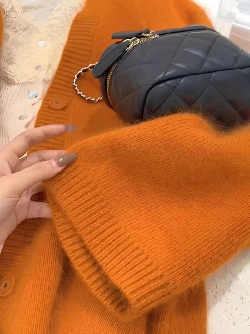 Korean Retro Orange Knit Cardigan Women V-neck Fashion Soft Single Breasted Temperament Gentle Solid Winter female Sweater Coat