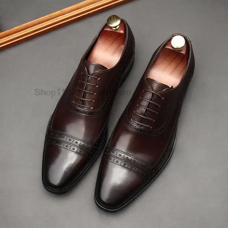 HNXC Italian Brown Black Genuine Leather Oxford Dress Shoes High Quality Lace Up Suit Shoes Cap Toe Wedding Formal Men‘s Shoes