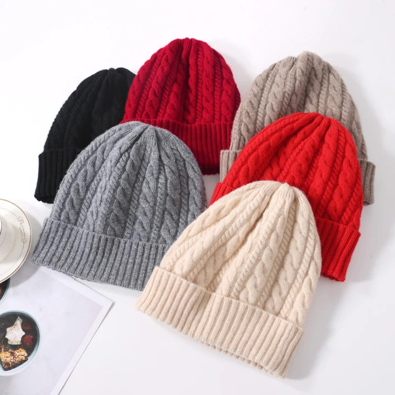 100%Pure Wool Women's Winter Hat 2023 Warm Soft Luxury Cashmere Beanies Bonnet Slouchy Street y2k Skullies For Lady