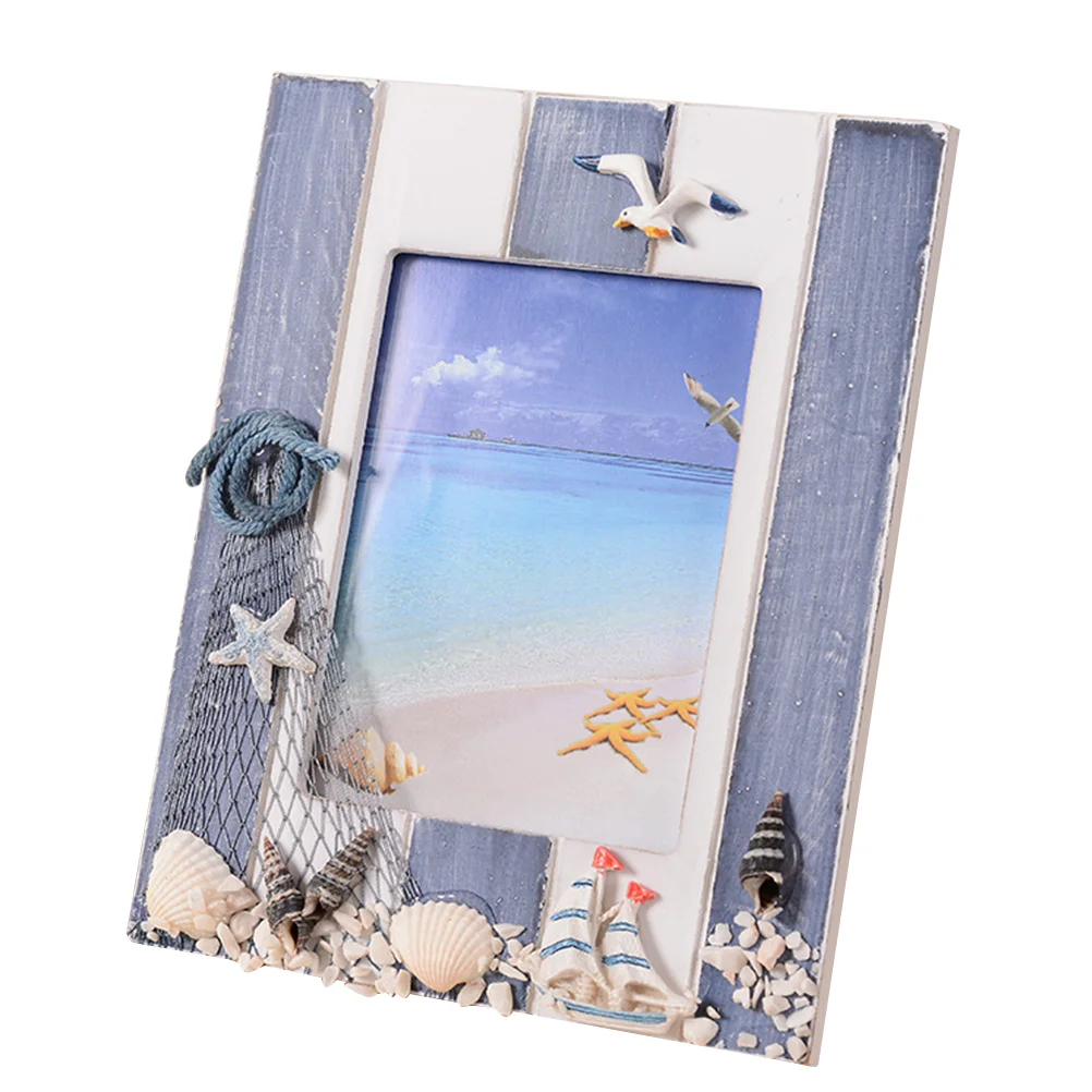 Wooden Photo Frame Sea Shell Picture Frames Home Desktop Decoration Household Self Stand For Living Room Desk Office