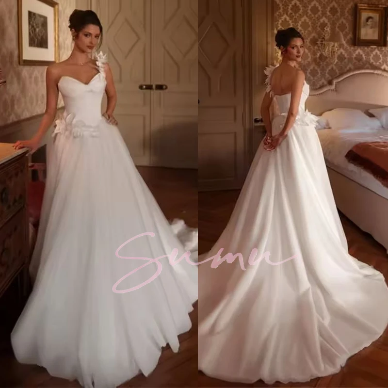 تخصيص الحبيب الرقبة مع 3D زهرة فستان الزفاف زر فستان زفاف الطابق طول Abito da sposa