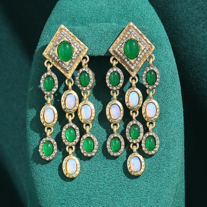 

Vintage Large Natural Stone Green Tassel Drop Earrings Charm Pendant For Women Antique Gold Plated New Jewelry Mother's Day Gift