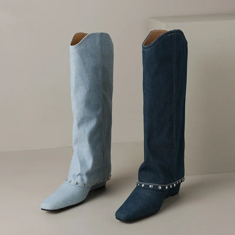 

Denim Square Toe Wedge Heel Knee Boots Vintage Studded Leg Tall Botines Slip On Plus Size Women Boats Women Shoes