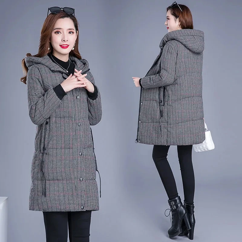 Houndstooth Down Cotton Coat Womens Clothing 2024 New Winter Jacket Hooded Parkas Loose Thick Padded Coat Female Long Outerwear