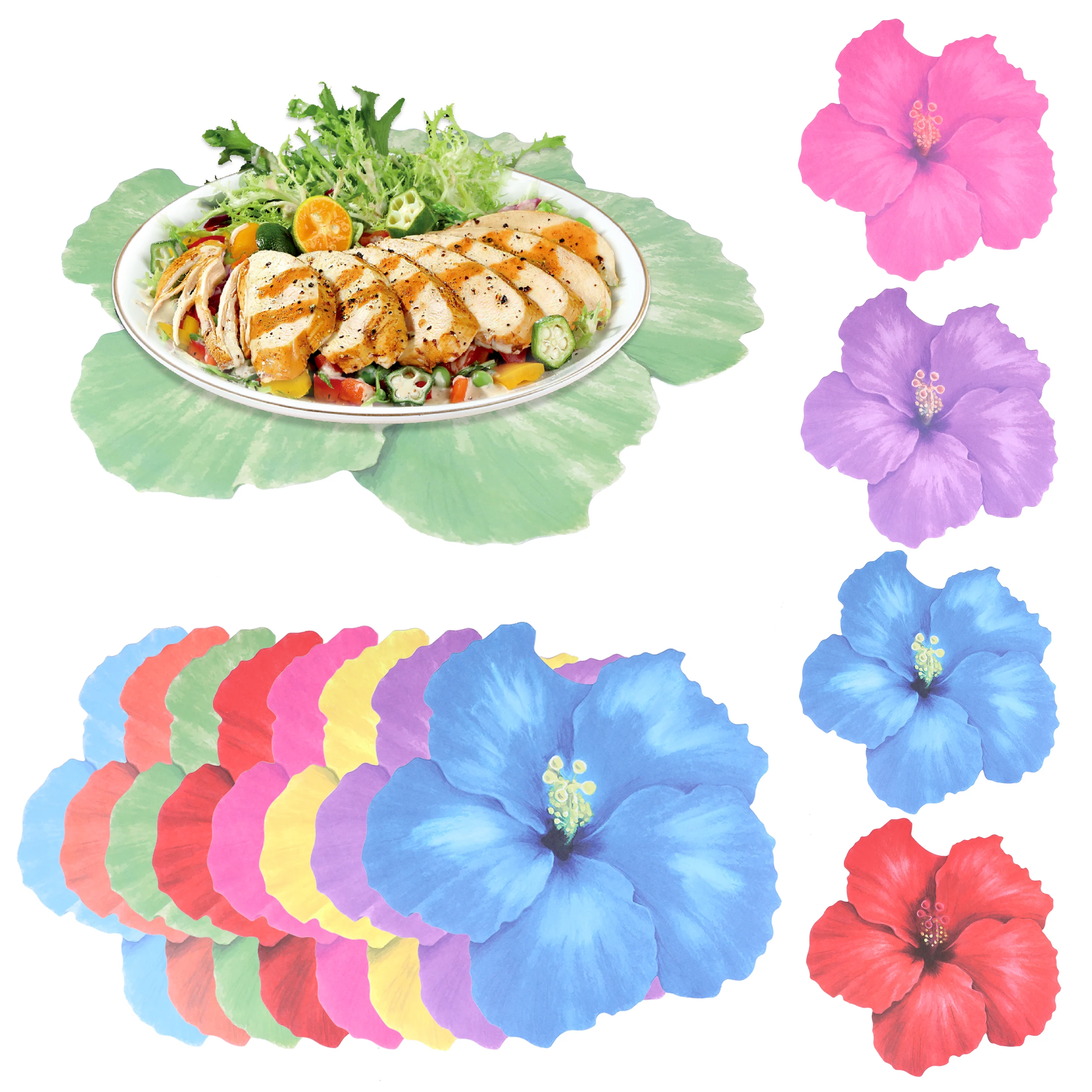 5Pcs Colorful Hibiscus Flower Paper Placemats Tropical Hawaiian Luau Party Table Decor Tablecloth Mats For Summer Beach Party