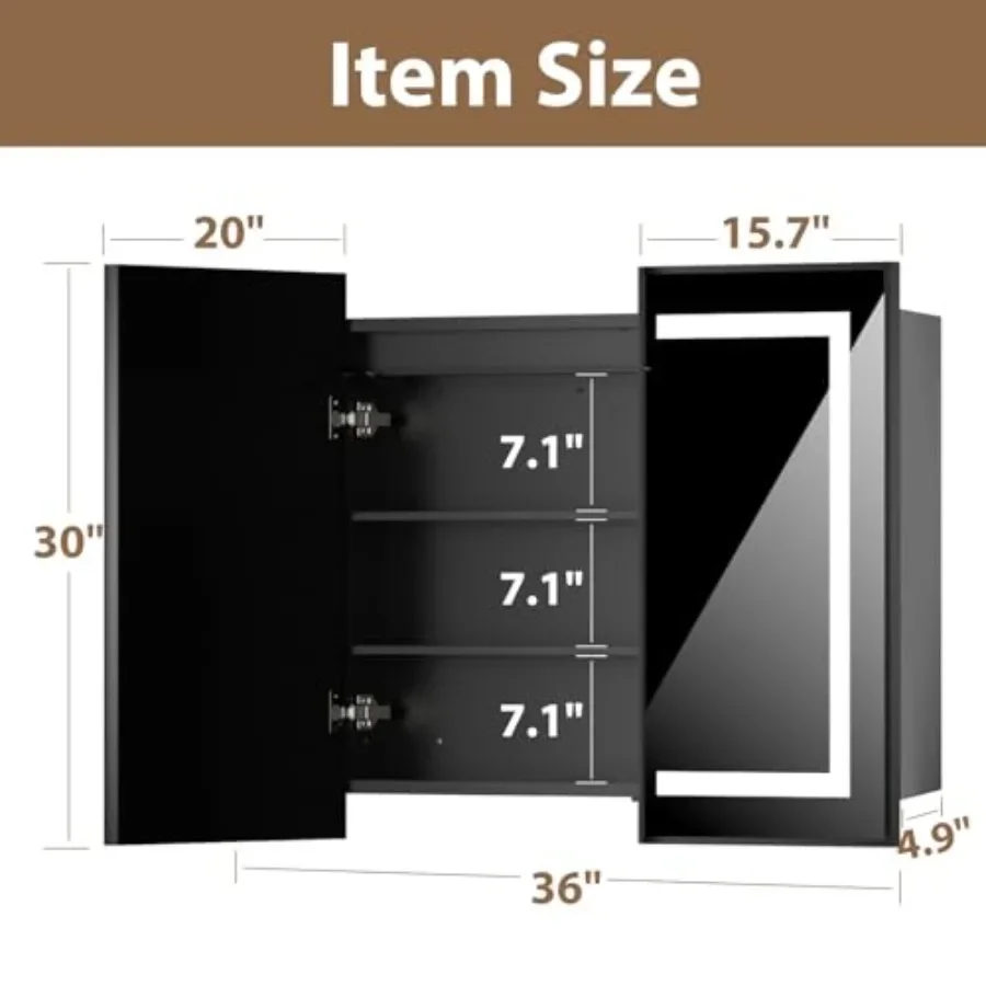 Bathroom medicine cabinet with mirror, aluminum frame, white finish, 3-color adjustable LED lights and dimmer, 36 W