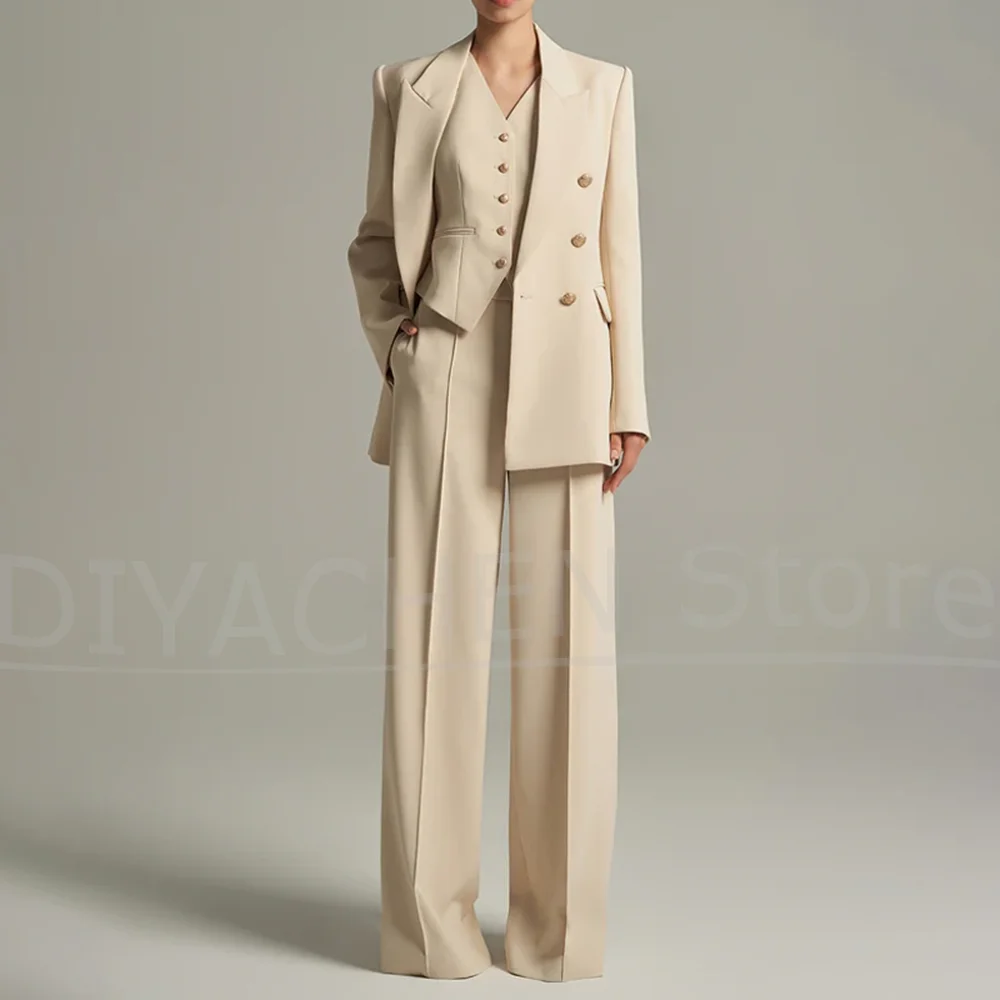 New Women's Three Piece Suit Set Double Breasted Blazer Vest with Pants Office Professional Wear Elegant Daily Casual Suits