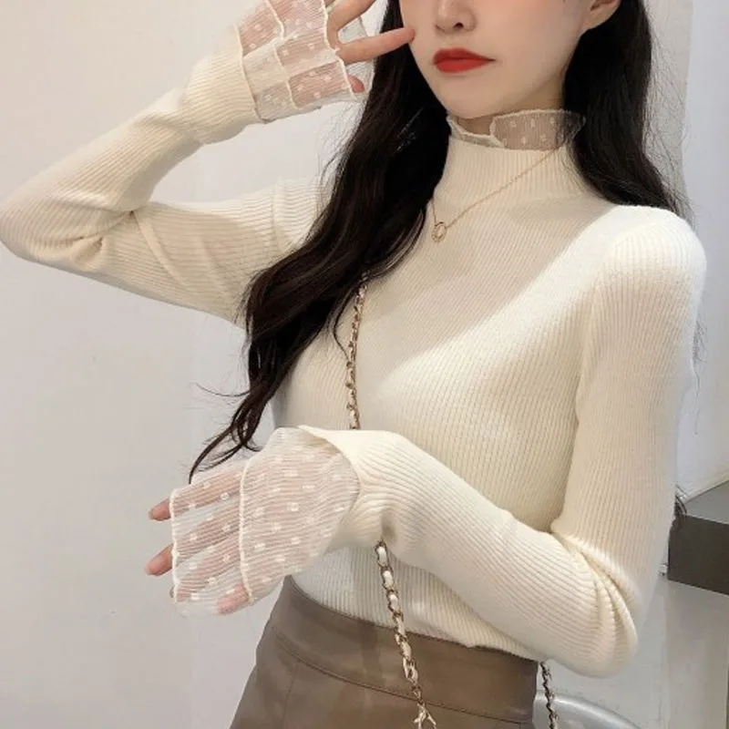 Neploe Korean Fashion Fake Two Piece Sweaters Mujer Autumn Sweet Lace Long Sleeve Tops Women Y2k Slim Fit Knitted Pullover