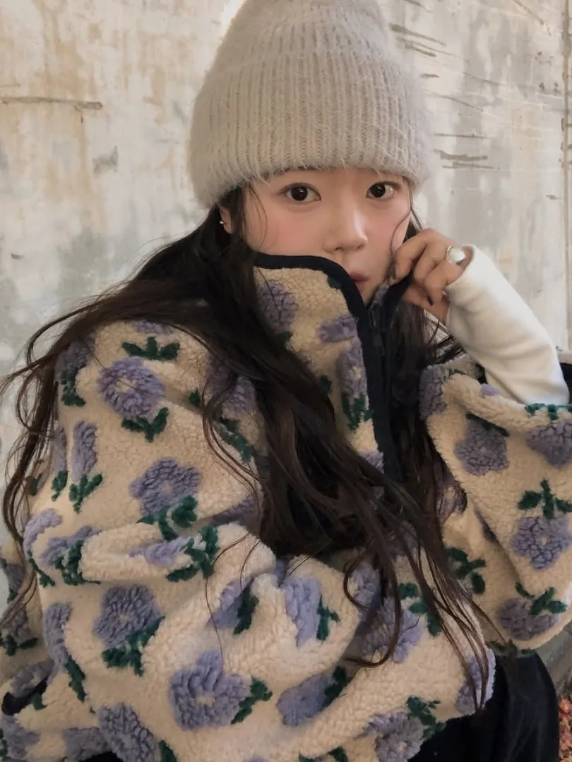 سترة قصيرة نسائية أنيقة بنمط زهور ثلاثية الأبعاد من قماش الصوف الناعم، تصميم كوري فضفاض بسحاب ونقش نباتي