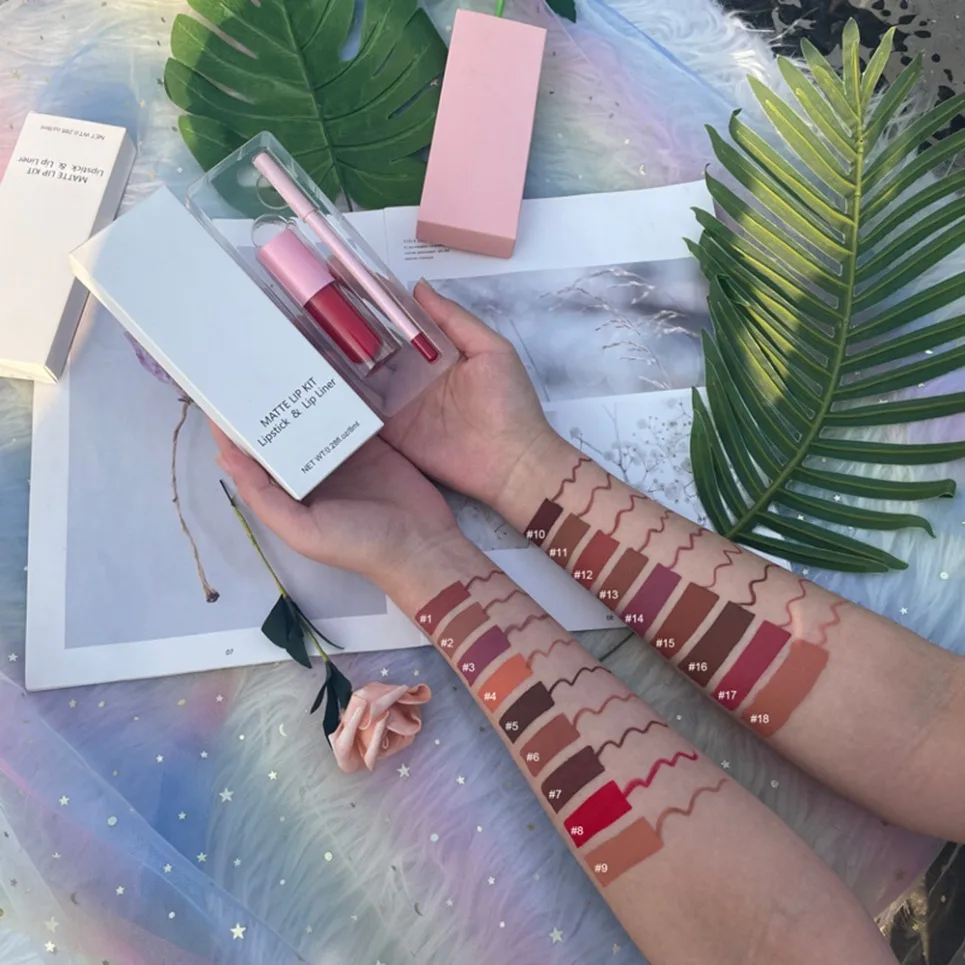 มังสวิรัติแต่งหน้าชุดฉลากส่วนตัวสีชมพู Matte Liquid ลิปสติก Lip Liner Set โลโก้ที่กําหนดเองขายส่งกันน้ําโหดร้ายฟรี Lip Kit