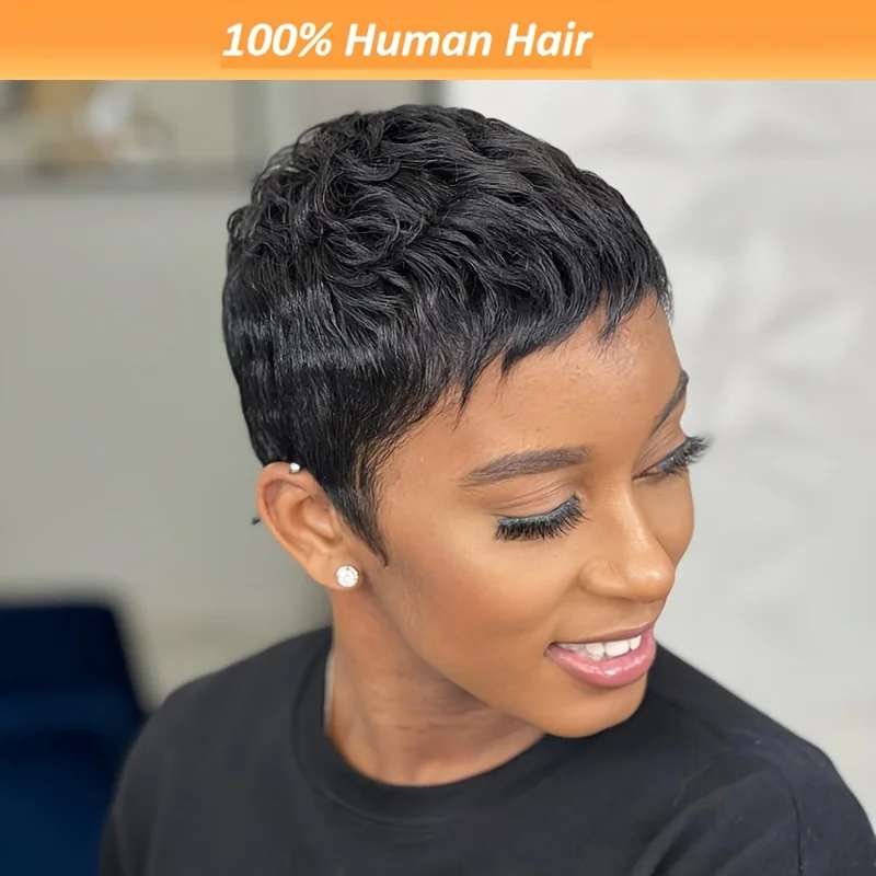 

Короткий парик-пикси из натуральных бразильских волос Реми, 4 дюйма, с челкой, плотность 180%, сетка Rose Net, машинная работа, короткий парик-боб