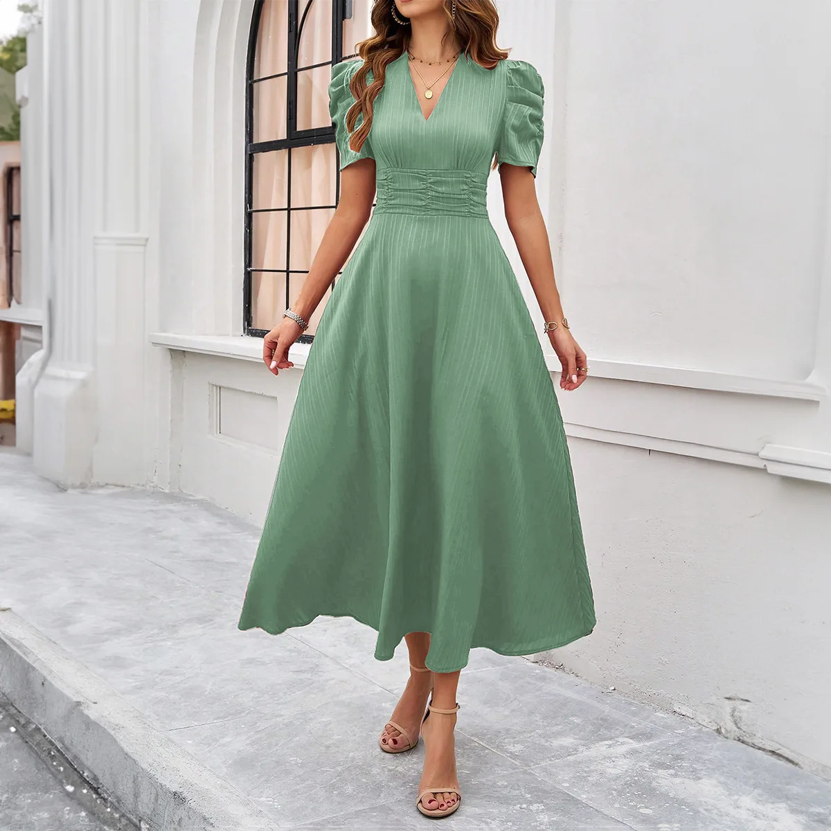 V-neck Princess Sleeves Wave Stripe Smocked Waist Dress Summer Solid Color Long Dress Elegant Women Dress 10 Colors Available