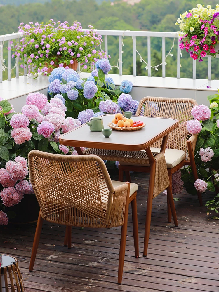 

Balcony Small table and chair Internet celebrity leisure reading combination Chinese outdoor tea storage