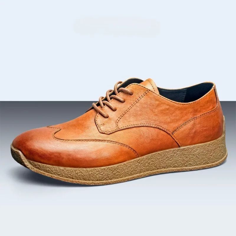 Men's Casual Shoes Designer Luxury Breathable Genuine Leather Retro Leather Shoes Male Thick Sole Height Increasing Board Shoes