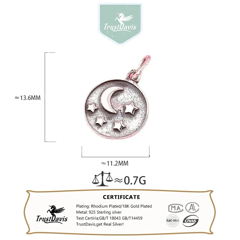 TrustDavis New Fashion Real 925 Sterling Silver Little Retro Star Moon Round Pendant Handmade DIY Accessories Wholesale DZ1666