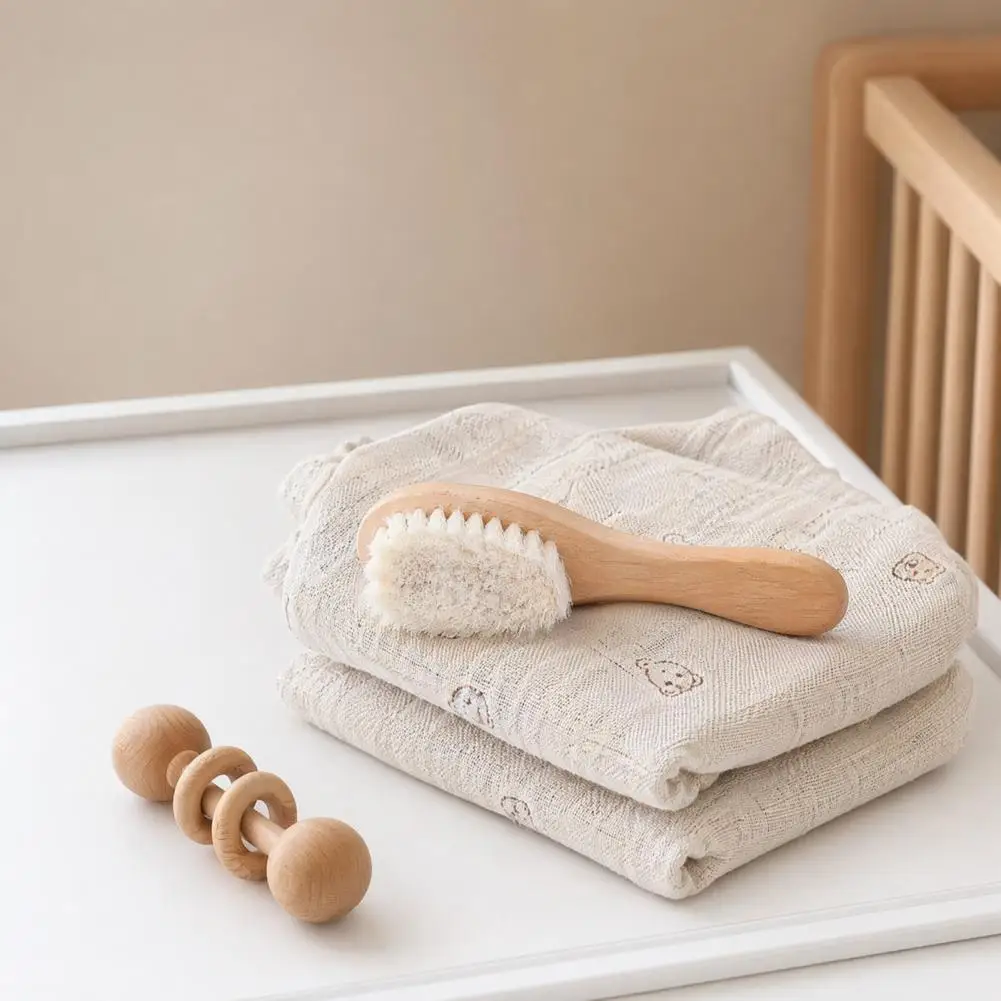 Burr-free Baby Brush Soft Wool Baby Brush Soft Wool Baby Bath Brush with Natural Cherry Beech Wood Handle Curved for Women