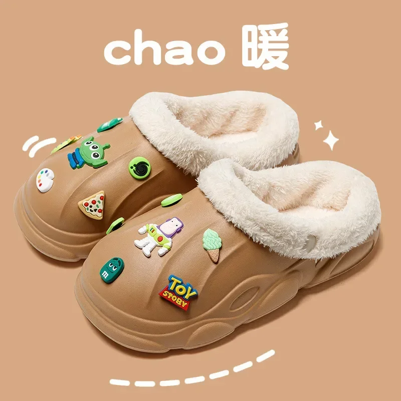 Disney Toy Story Buzz Lightyear Winter Slippers Cartoon Creative DIY Plush Couple Cotton Shoes Men Women Home Fluffy Slippers