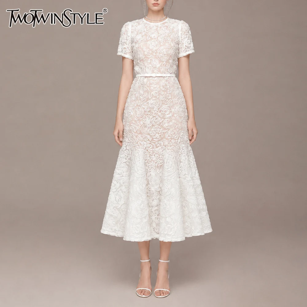 TWOTWINSTYLE Solid Slimming Spliced Belt Dress for Women Round Neck Short Sleeves Patchwork 3D Flowers Dresses Female Fashion
