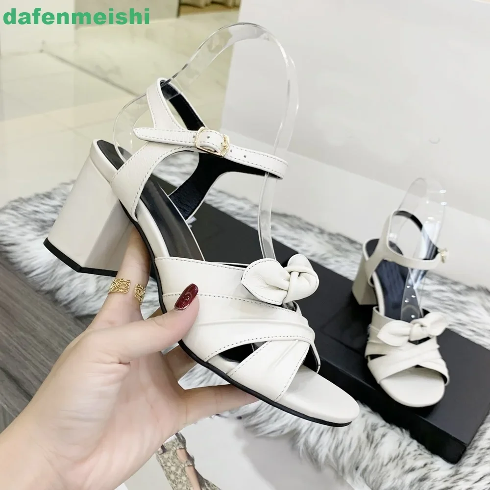 

Color Genuine Leather Sandals 2026 New Women Sandals Cross Strap Bow Open Toe Chunky Heel High Heel Front & Rear Strap Solid