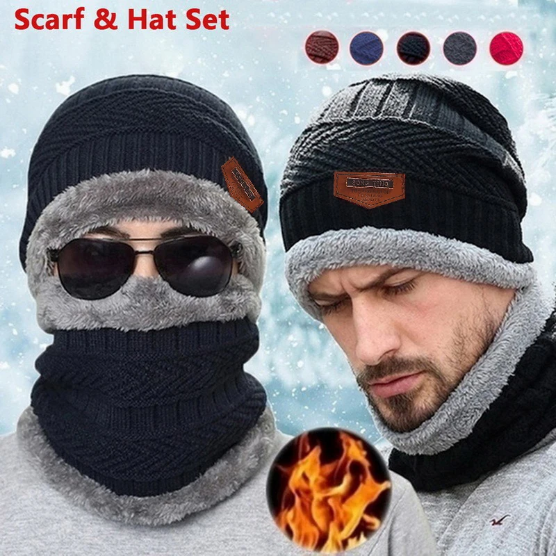 2024 Winter Men Women Thick Beanie Hat Knitted Hat Winter Cap Beanie Female Wool Neck Scarf Cap Balaclava Mask Bonnet Hats Set