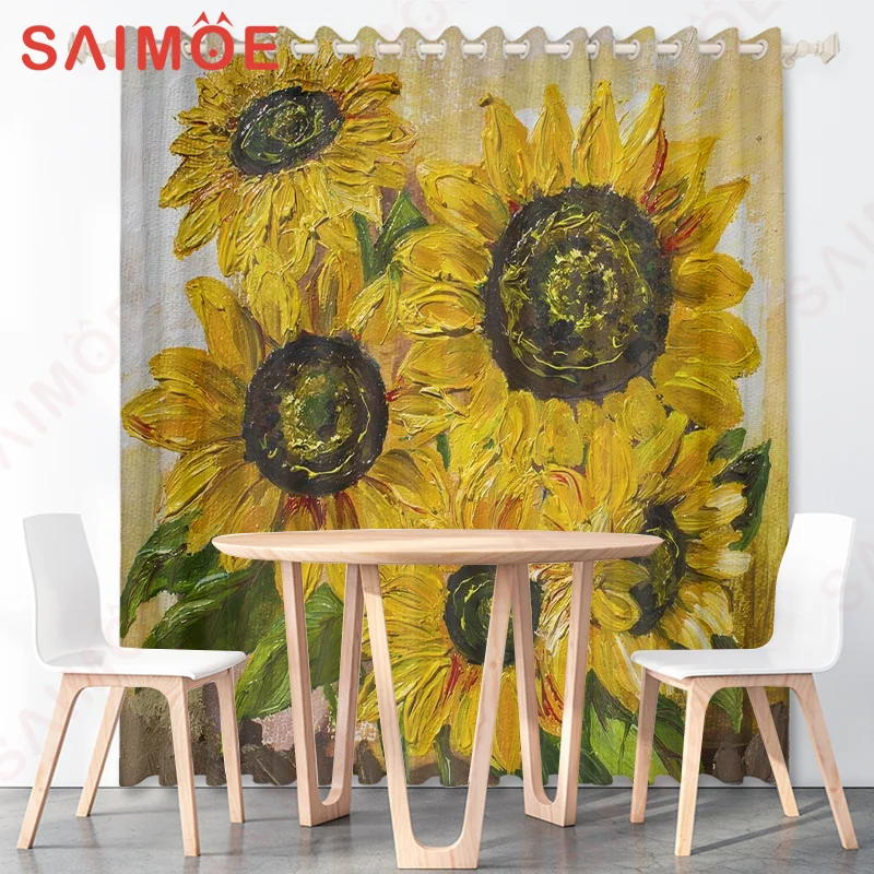 3D Classic Pastoral Sunflower Plants Curtains Customized Natural Scenery Thin Polyester Fabric Office Home Decoration with Hooks