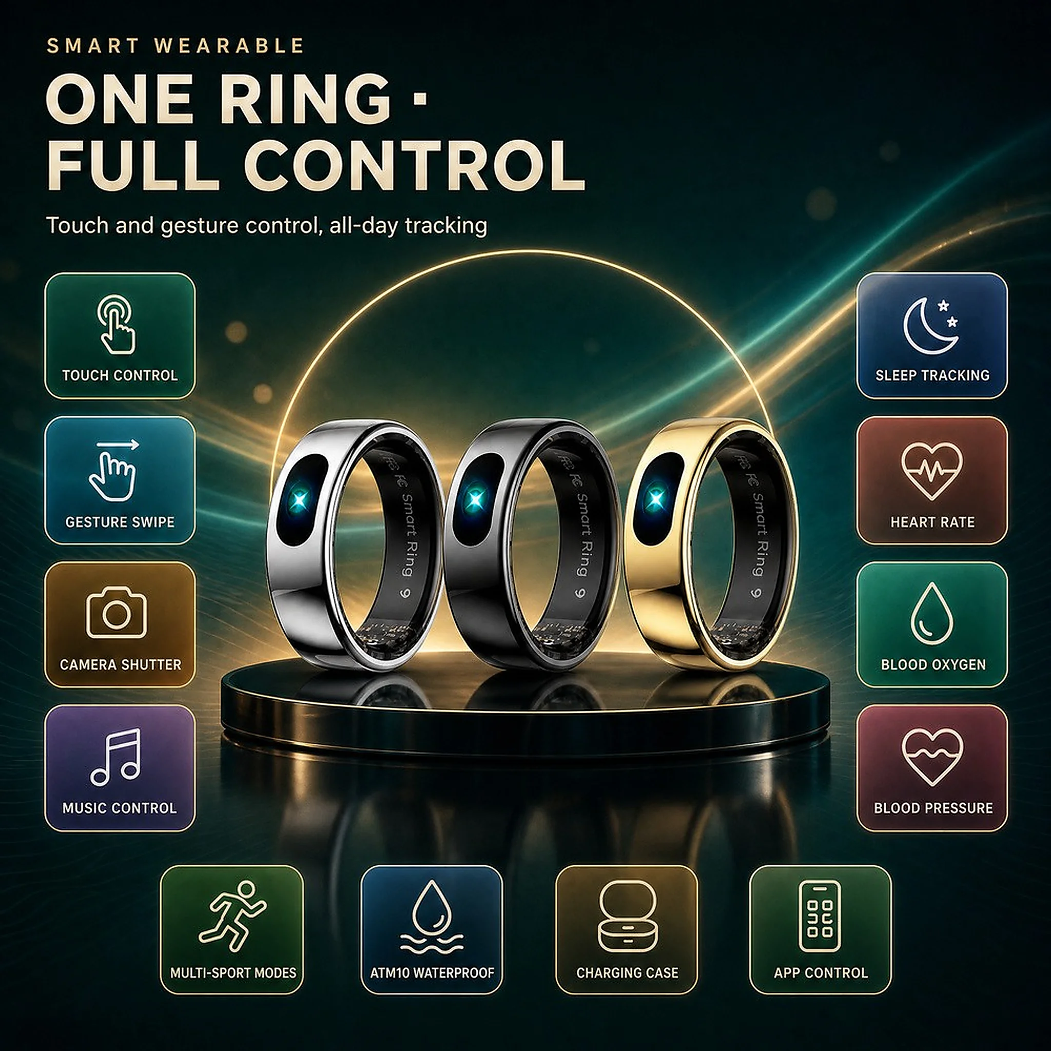 Smart Ring Wireless Charging with Charging Case Sport Mode Health Manager Sleep Monitor 5ATM Waterproof Smartring Men Women R08