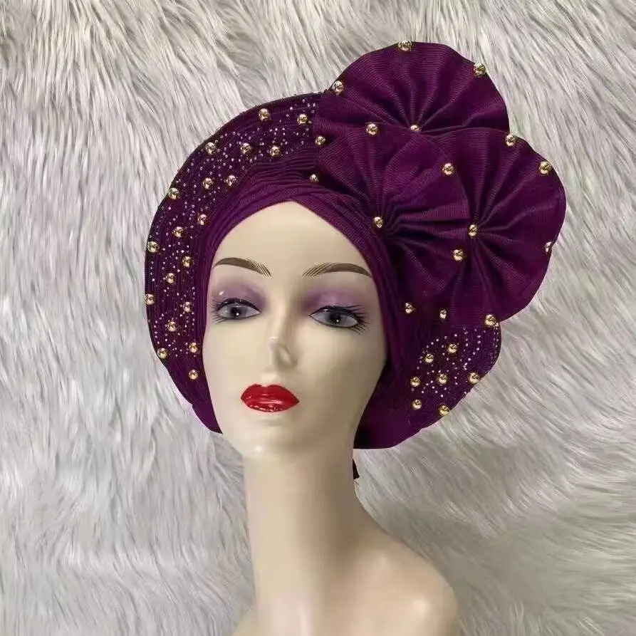 Already hecho Headtie Pink African Headtie Gele Headwear para boda, envolturas de turbantes trenzados nigerianos,