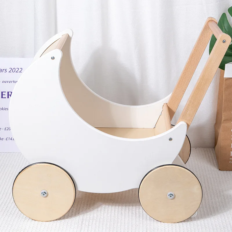 Cochecito de madera nórdico para niños, juguete de Andador de empuje manual, Luna blanca, nuevo