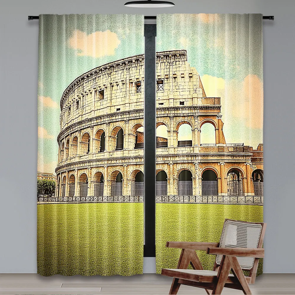 2Pcs Vintage Curtain Sunset At Historical Colosseum In Rome Italian Landmark European Scenery Suitable For Bedroom Bathroom