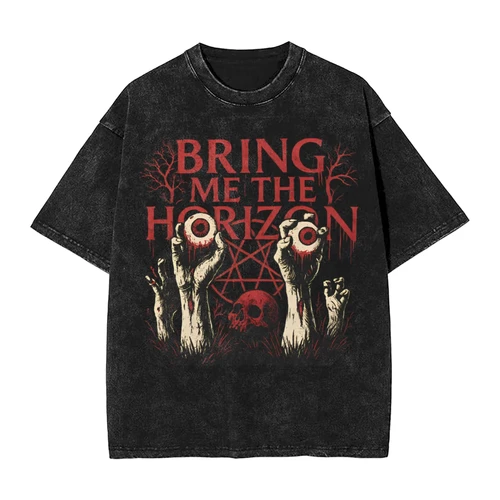 Imagen 1 del producto BMTH Bring Me The Horizon camiseta lavada hombre banda de Rock británica Y2K camisetas de algodón camiseta de verano patrón ropa de gran tamaño
