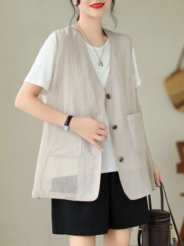 

Тонкая однотонная льняная куртка с v-образным вырезом, женская летняя верхняя одежда, верхняя многослойная одежда для поездок на работу, обычная длина, детали на пуговицах