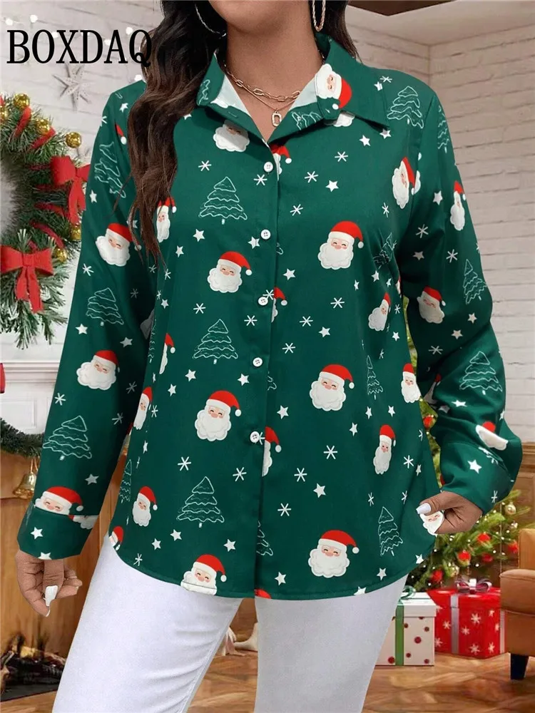 

Cute Santa Claus Print Cardigan Shirt For Women 2025 Autumn Fashion Christmas Party Tops Casual Long Sleeve Lapel Button Blouse