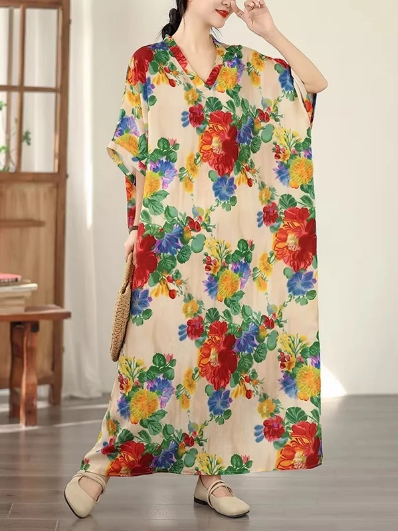 여성용 오버사이즈 루즈핏 드레스 |   면 린넨 브이넥 배트윙 슬리브 |   여름용 꽃무늬 비치 바캉스 드레스 w1885