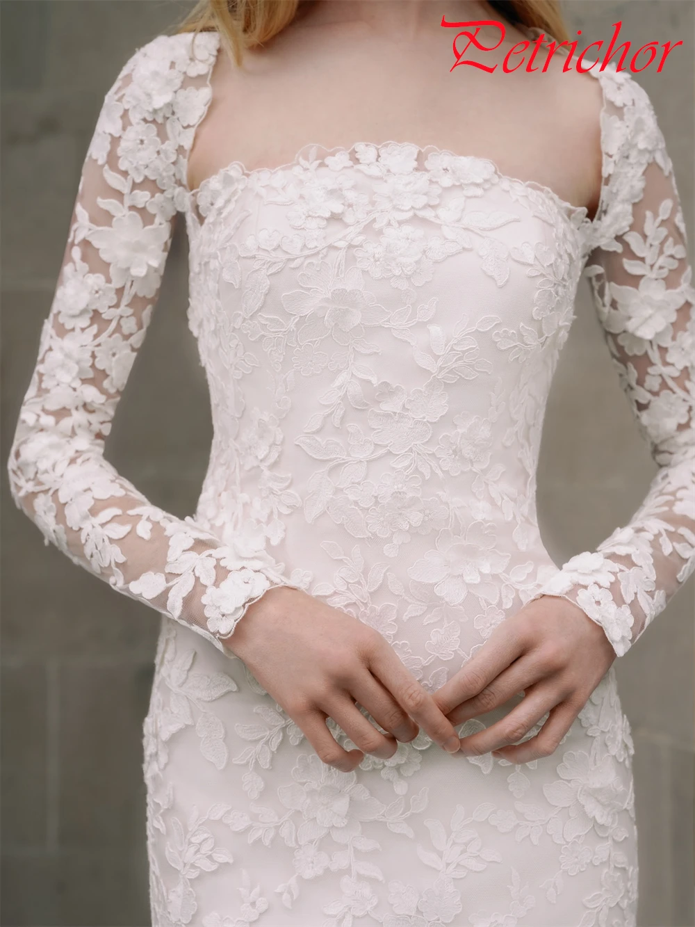 فستان زفاف دانتيل أبيض ناعم مخصص بياقة مربعة وأكمام طويلة زي العرائس ناعم حورية البحر ذيل محكمة رداء de mariée #6