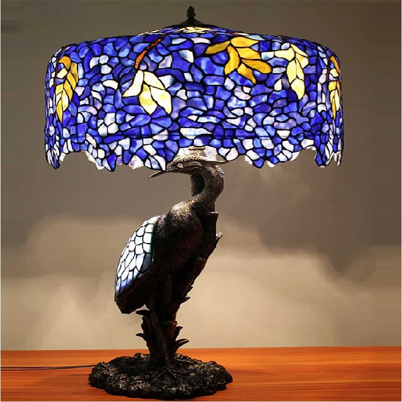 Tiffany Stained Glass Table Lamp Retro Wisteria Desk Lamp Study Villa Decor Light Bedside LED Night Light Crane Bird Resin Stand