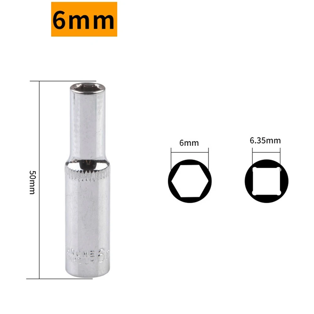 1/4 Zoll Steckschlüsseladapter, 4 mm-14 mm, Sechskant-Steckschlüsselkopf aus Chrom-Vanadium-Stahl für Ratschenschraubendreher, Silber, 50 mm Länge – Detail 5
